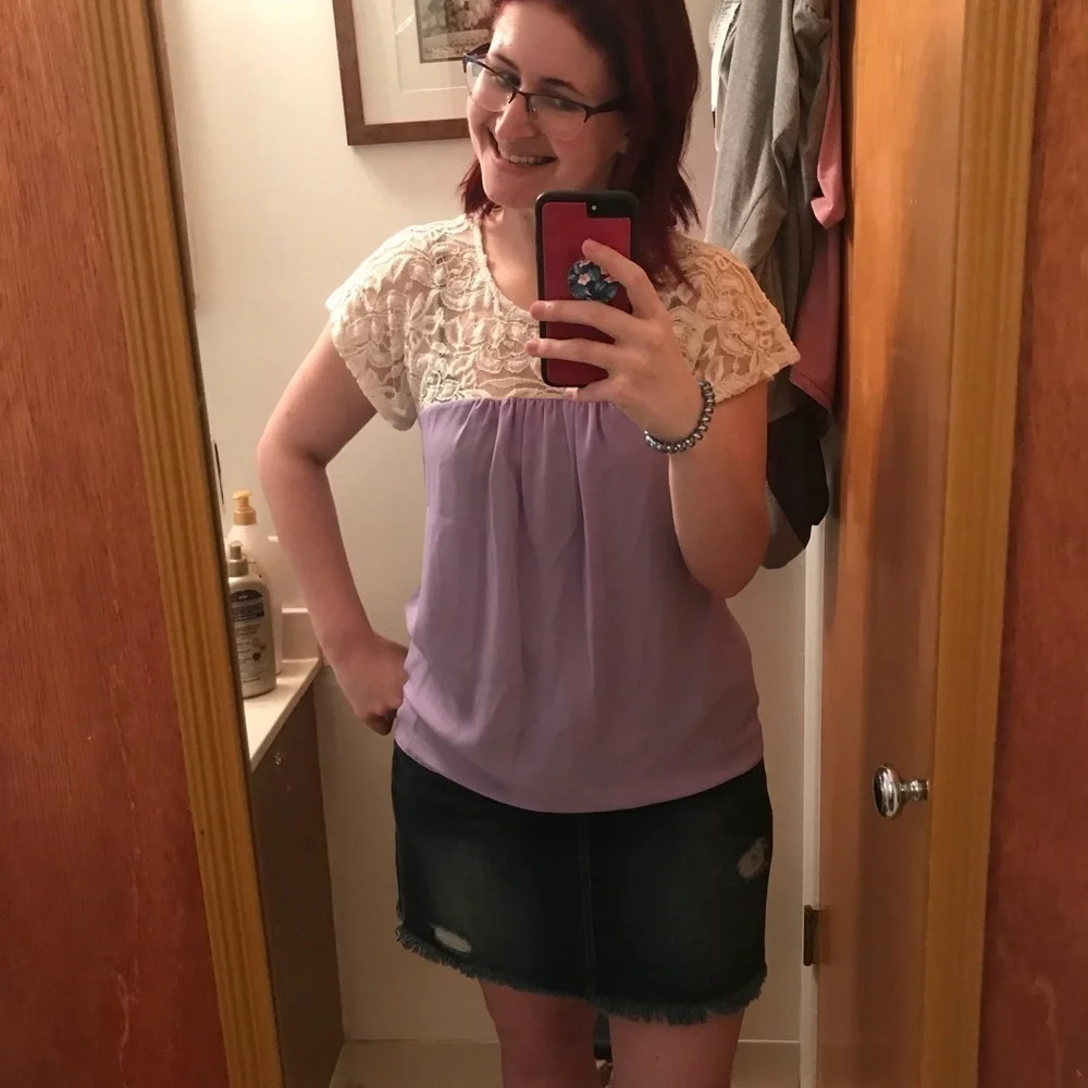 Charming Charlie Purple White Lace Blouse Medium